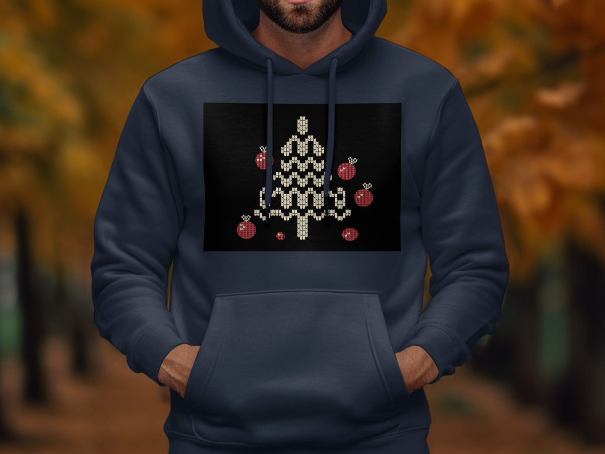 Navy blue hoodie with a knitted Christmas tree and ornaments graphic on the front.