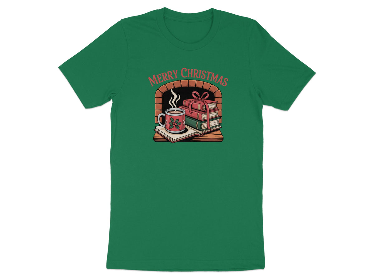 Green t-shirt with "Merry Christmas" over a fireplace with books and a mug.