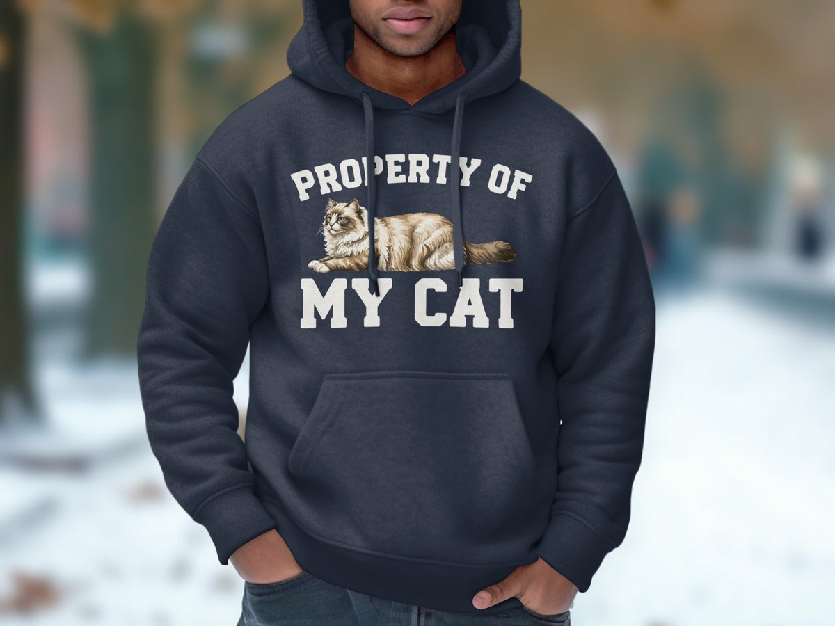 Dark navy hoodie with "PROPERTY OF MY CAT" text and a cat graphic.