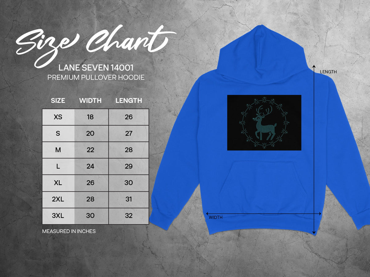 Lane Seven 14001 premium pullover hoodie size chart with measurements in inches.
