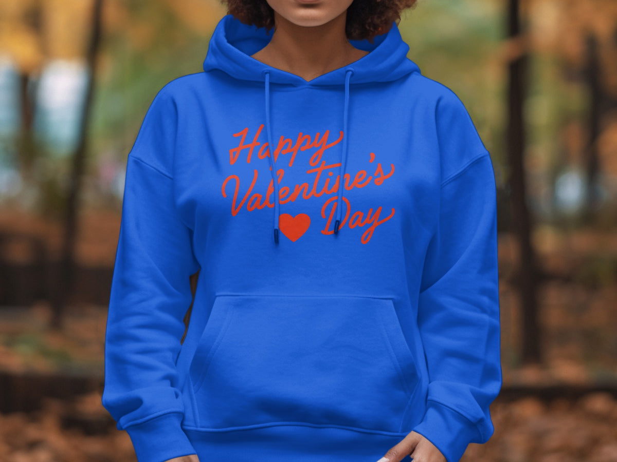 Blue hoodie with "Happy Valentine's Day" and a heart graphic.