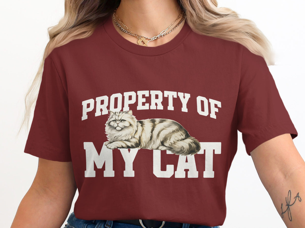 Maroon t-shirt with "PROPERTY OF MY CAT" text and a fluffy cat illustration.
