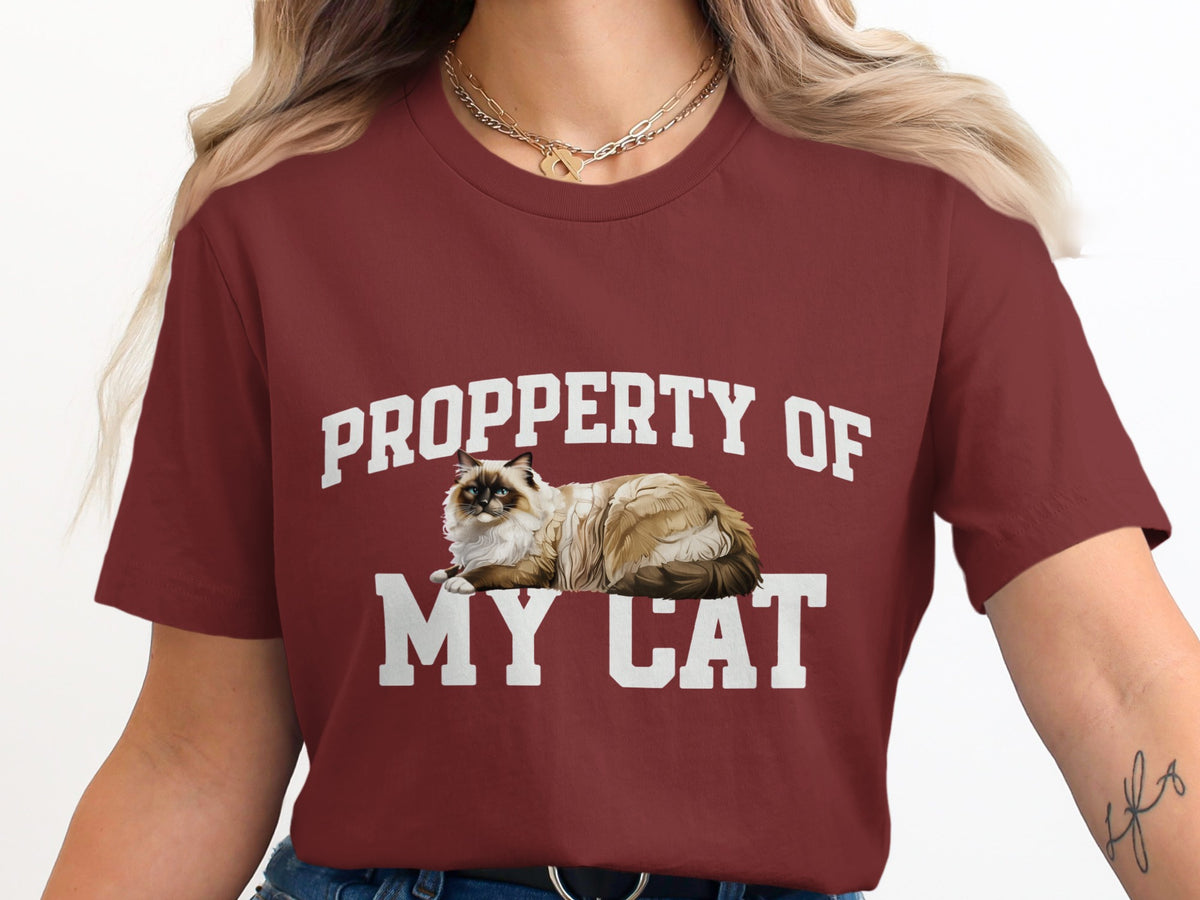 Maroon t-shirt with "PROPERPERTY OF MY CAT" and a fluffy cat illustration.