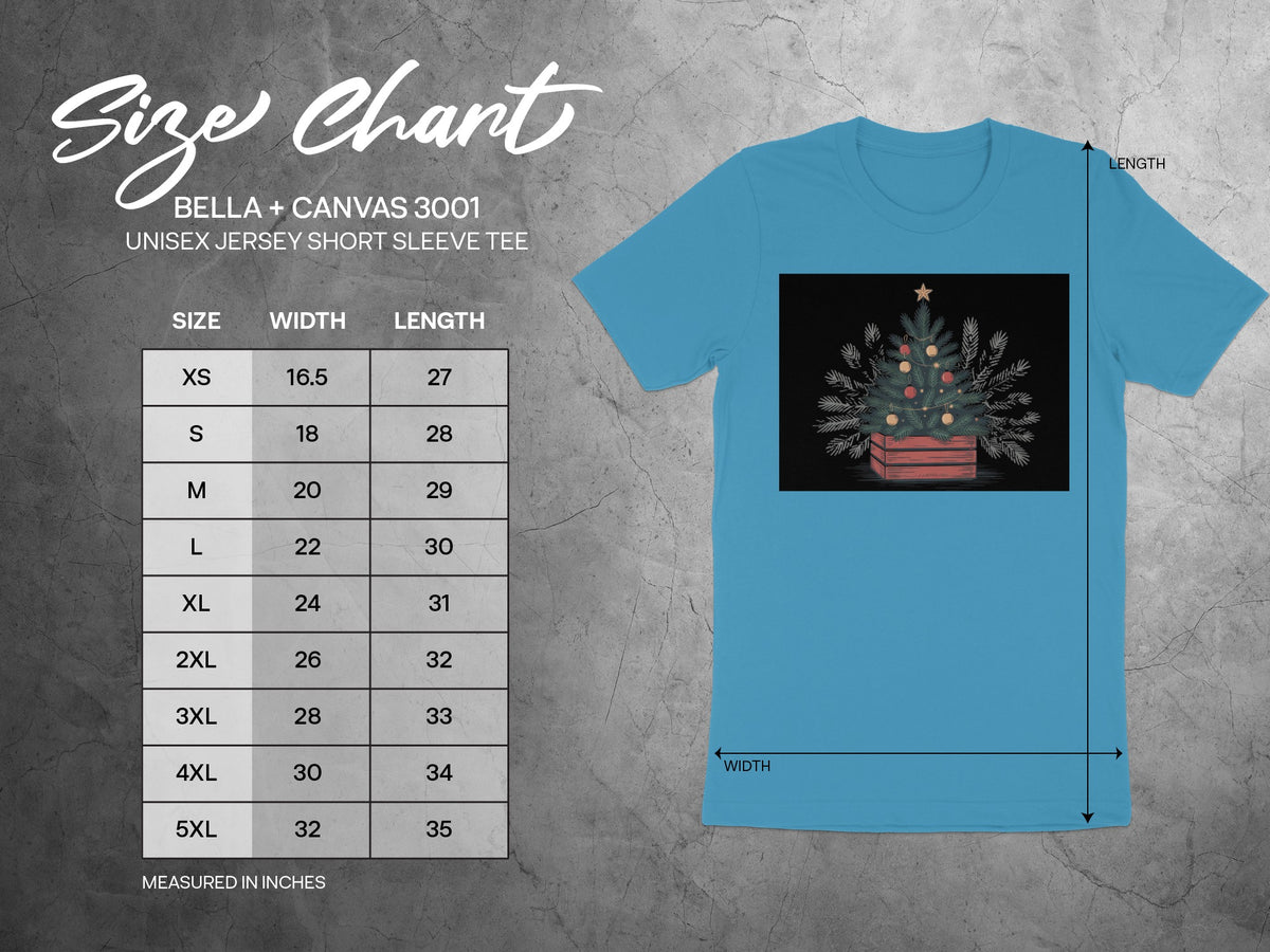 BELLA + CANVAS 3001 unisex short sleeve tee size chart in inches.