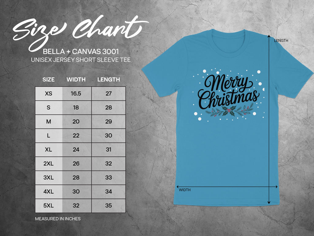Bella + Canvas 3001 size chart for unisex short sleeve tee, measured in inches.