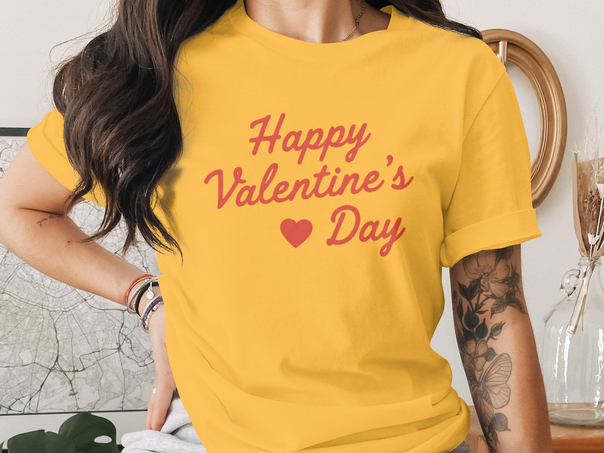 Yellow t-shirt with "Happy Valentine's Day" text and a red heart.