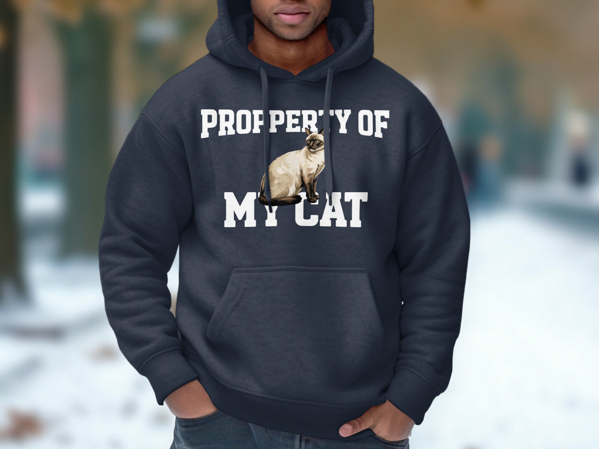 Dark blue hoodie with "PROPERTY OF MY CAT" and Siamese cat graphic.