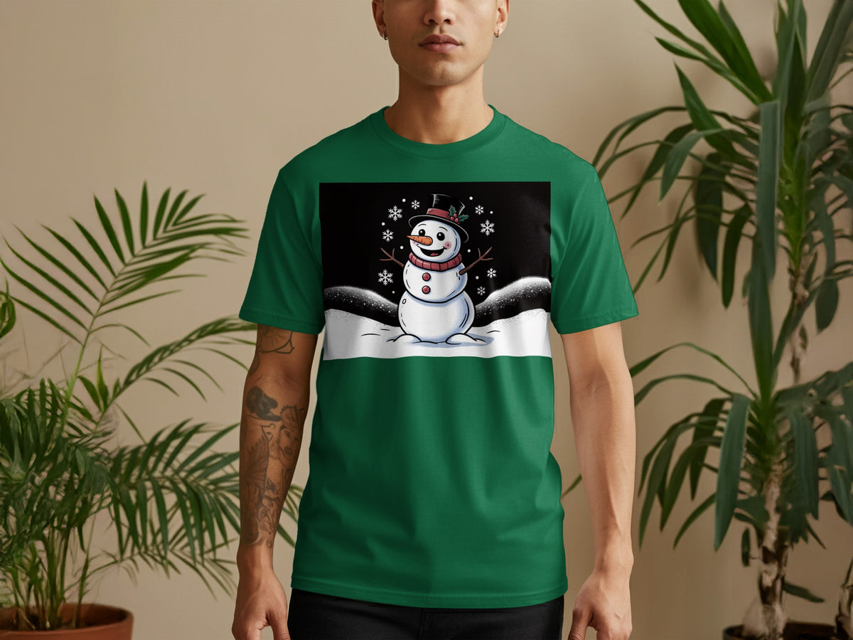 Green t-shirt with a graphic of a smiling snowman wearing a top hat.