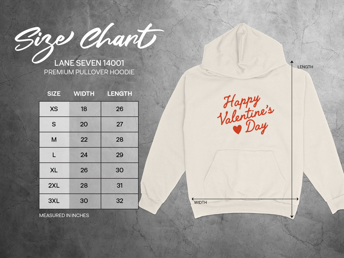 Size chart for Lane Seven 14001 premium pullover hoodie with measurements.