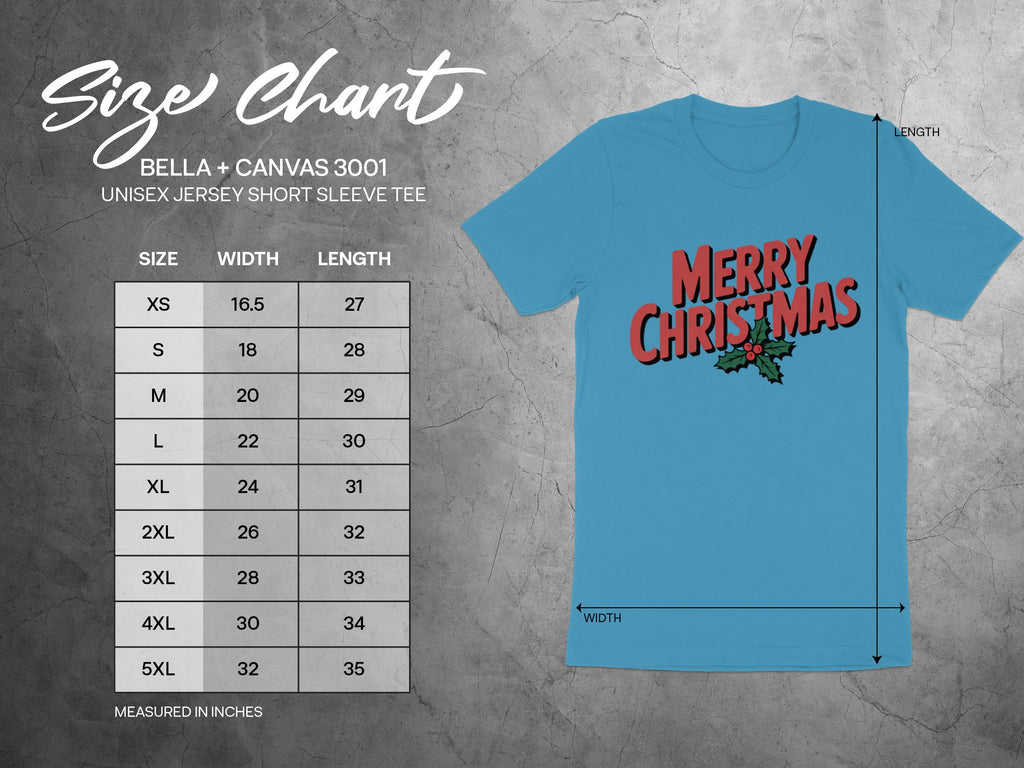 Unisex Bella+Canvas 3001 t-shirt size chart with "Merry Christmas" graphic.