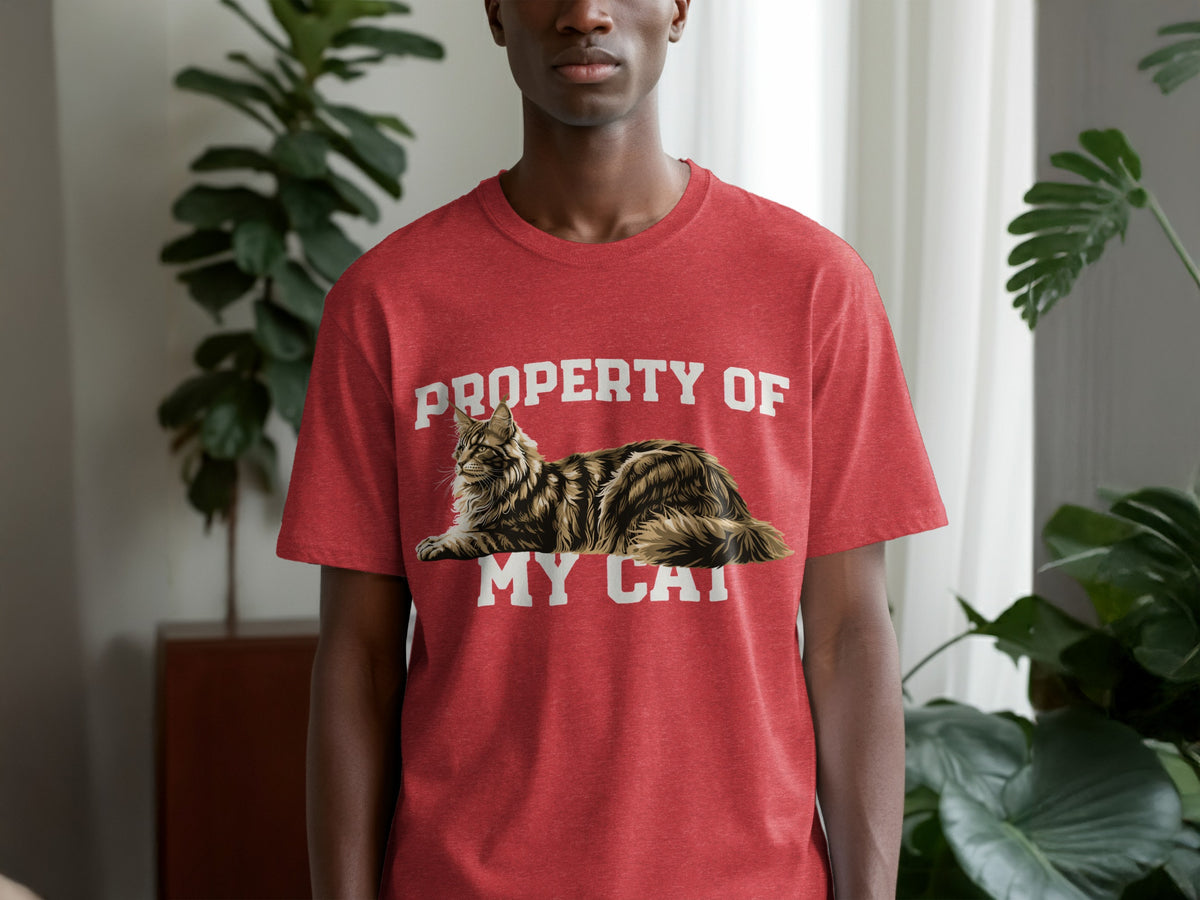 Red t-shirt with "PROPERTY OF MY CAT" text and a cat graphic.