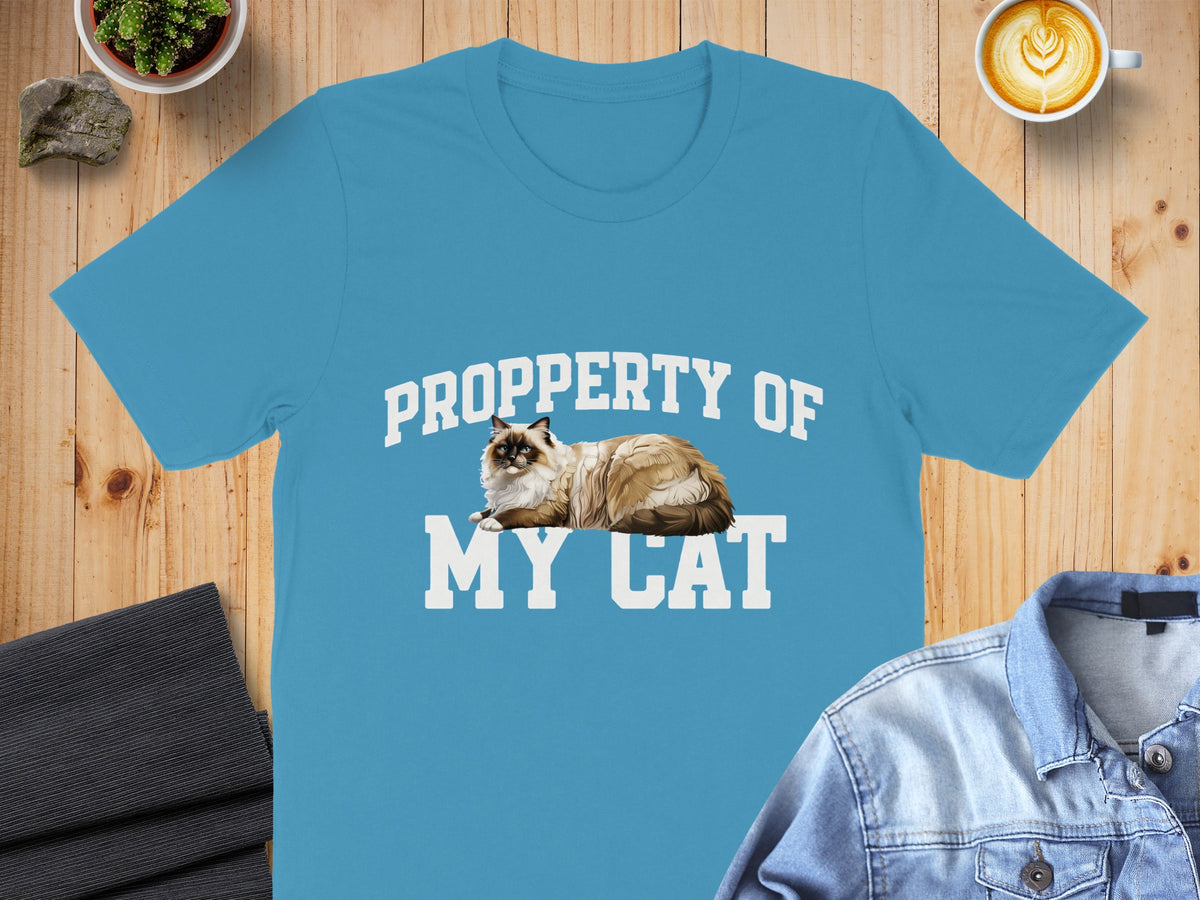 Aqua t-shirt with "PROPERRTY OF MY CAT" and a ragdoll cat graphic.