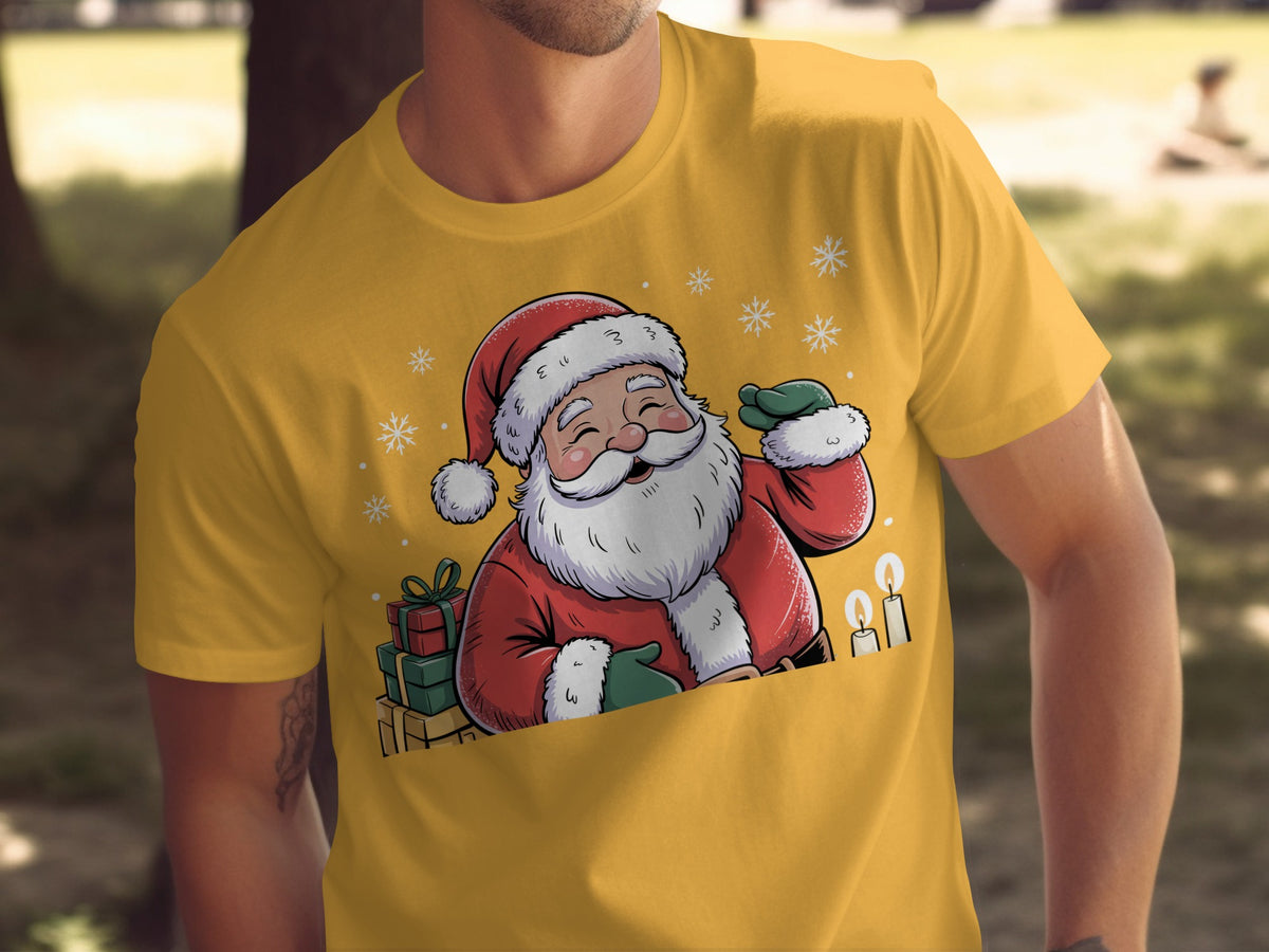 Yellow t-shirt with a cartoon Santa Claus, presents, and snowflakes.