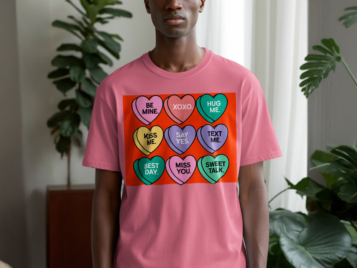 A person wearing a pink t-shirt featuring a grid of colorful candy hearts with text.