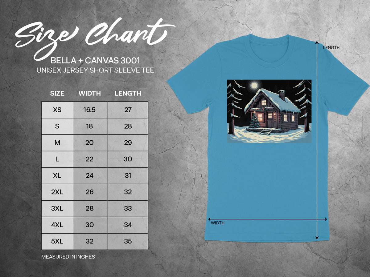Bella + Canvas 3001 unisex t-shirt size chart with width and length measurements in inches.