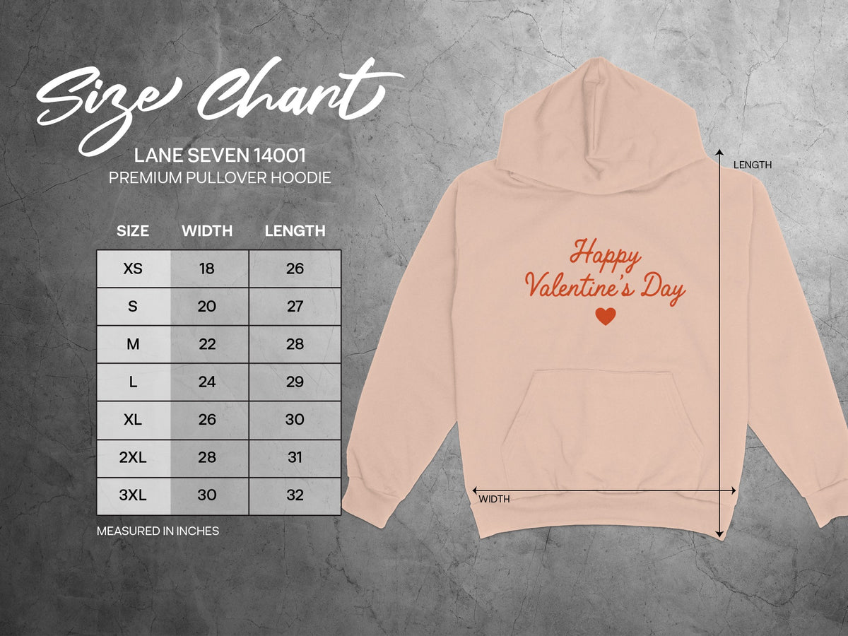 Size chart for Lane Seven 14001 premium pullover hoodie, measured in inches.