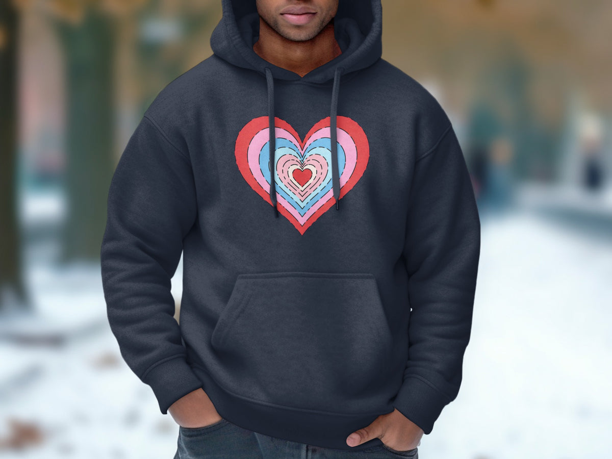 Dark grey hoodie with a multi-colored heart graphic featuring pink, blue, and red stripes.