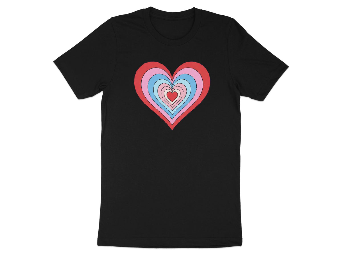 Black t-shirt with layered heart graphic in red, pink, and blue.