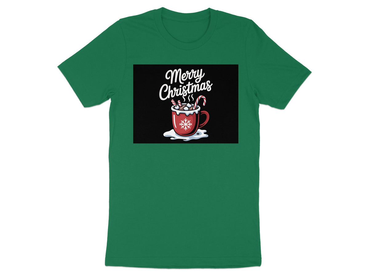 Green t-shirt with "Merry Christmas" text above a hot chocolate mug.