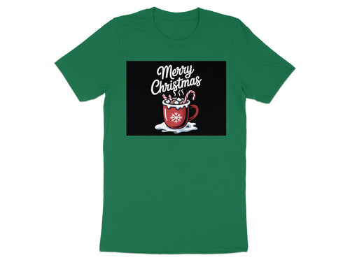 Green t-shirt with "Merry Christmas" text above a hot chocolate mug.
