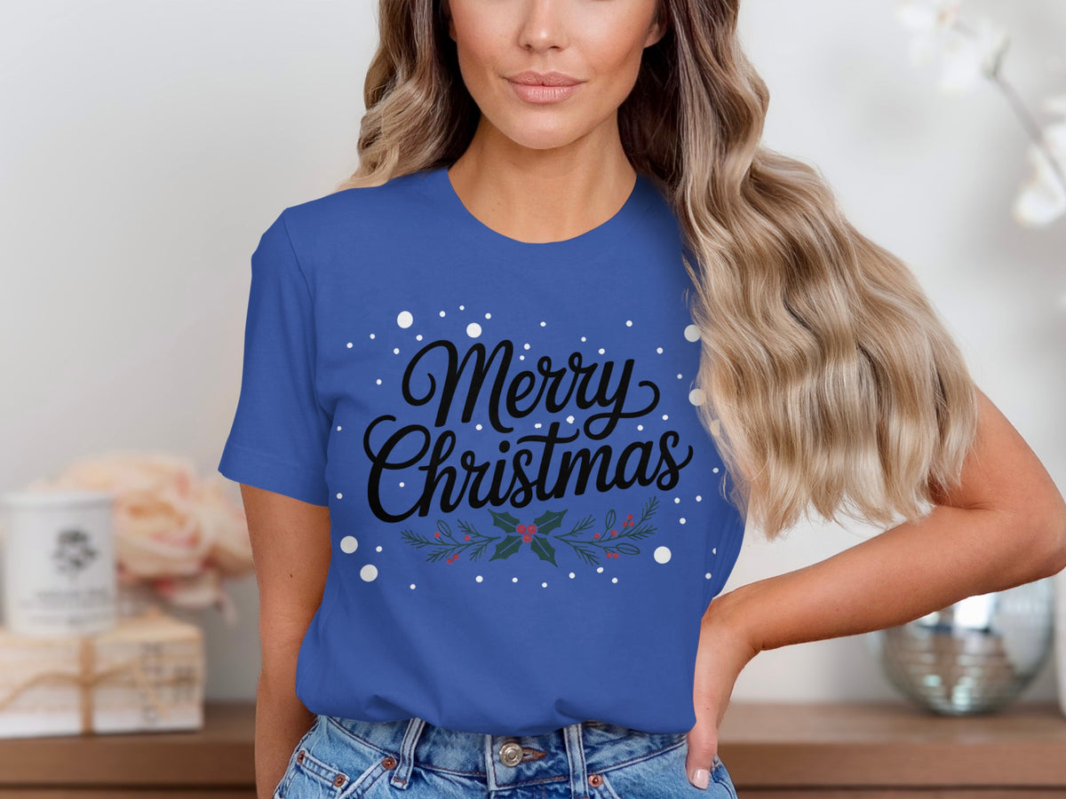 Blue t-shirt with "Merry Christmas" text and holly design.