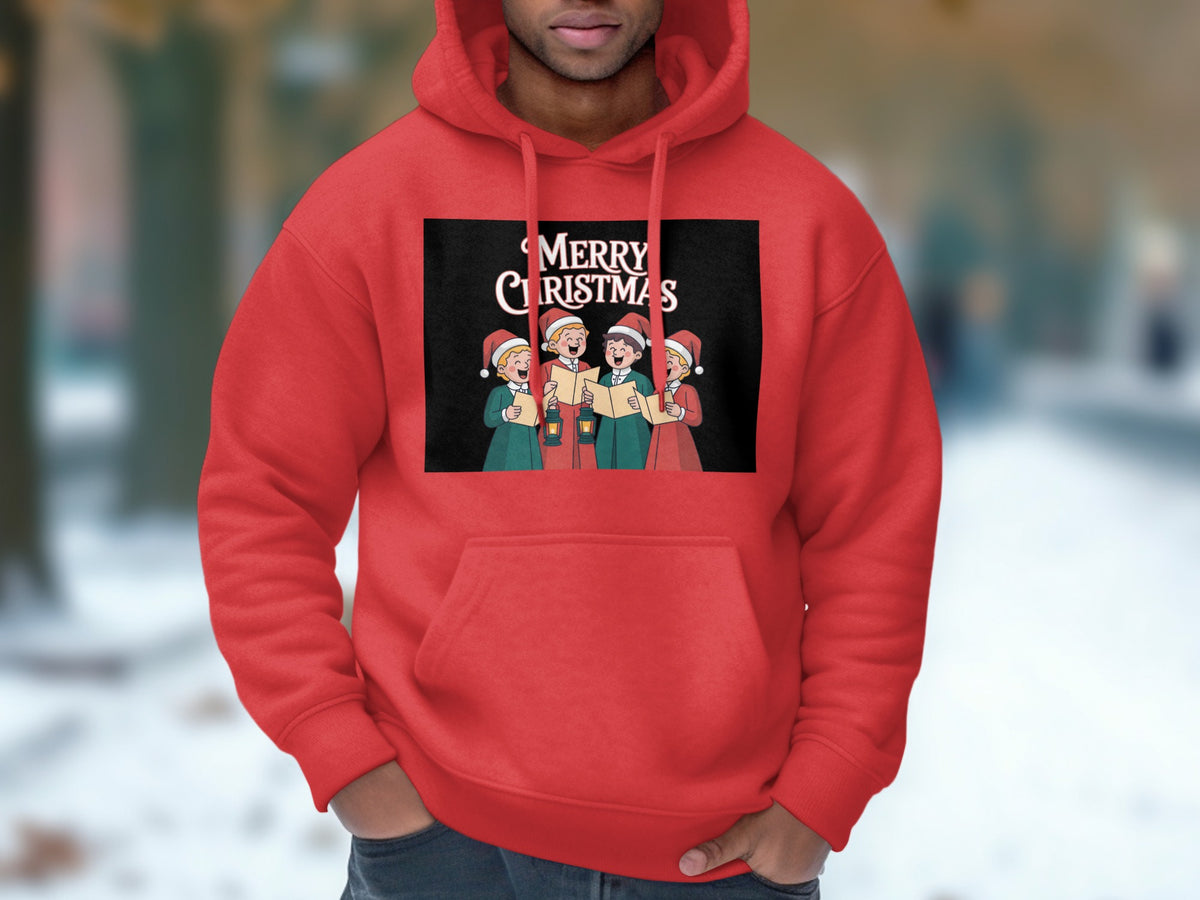 Red hoodie with a graphic of four carolers singing "Merry Christmas."