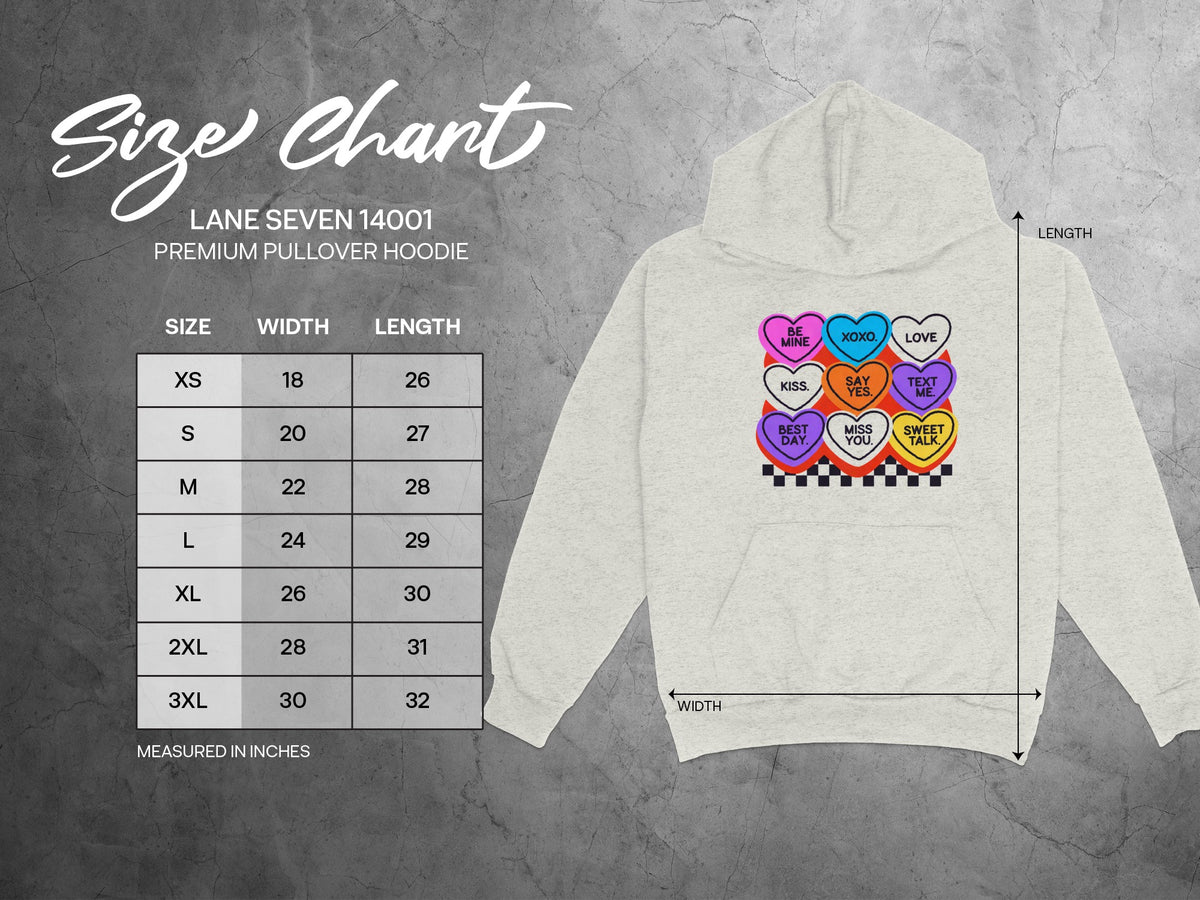 Lane Seven 14001 Premium Pullover Hoodie size chart with width and length measurements.