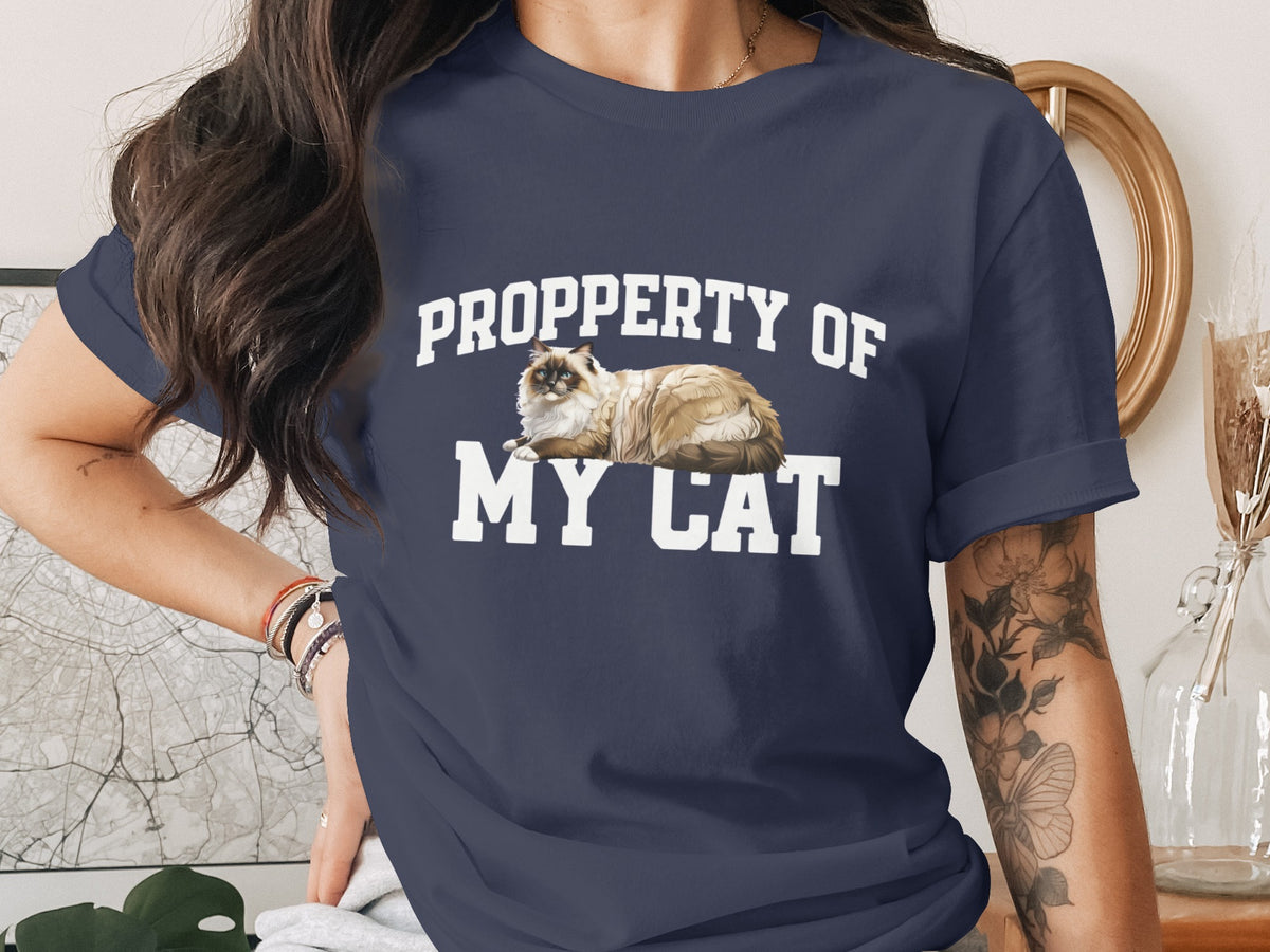 Dark blue t-shirt with "PROPPERTY OF MY CAT" text and a cat illustration.