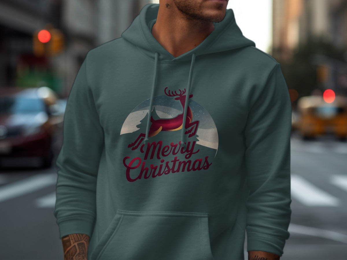 Green hoodie with "Merry Christmas" and a festive deer graphic.