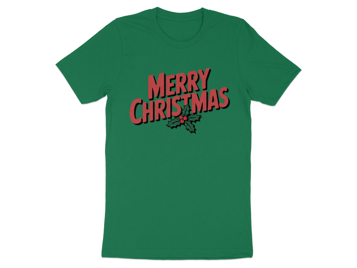 Green t-shirt with "Merry Christmas" text and holly graphic.