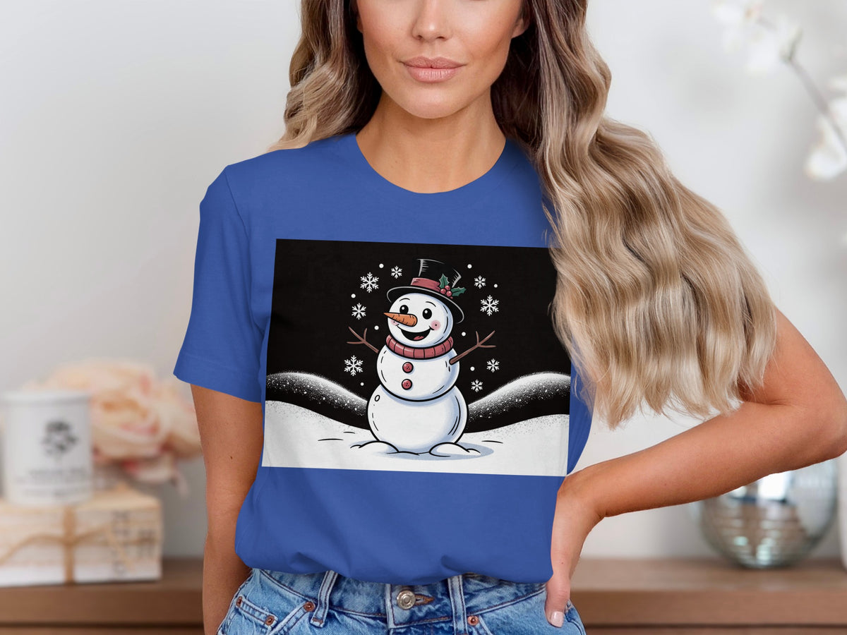 Blue t-shirt with a cartoon snowman graphic wearing a top hat and scarf.