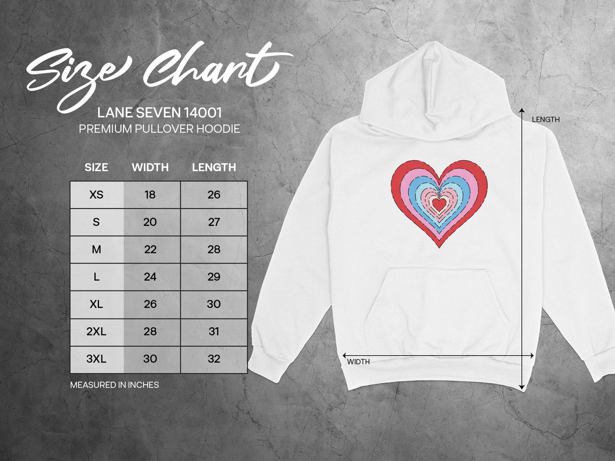 Lane Seven 14001 hoodie size chart with width and length measurements in inches.
