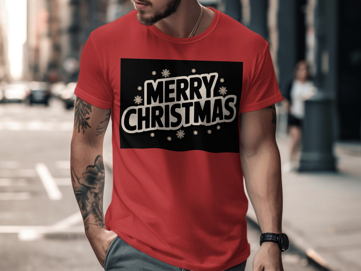 Red t-shirt with black panel displaying "Merry Christmas" and snowflakes.
