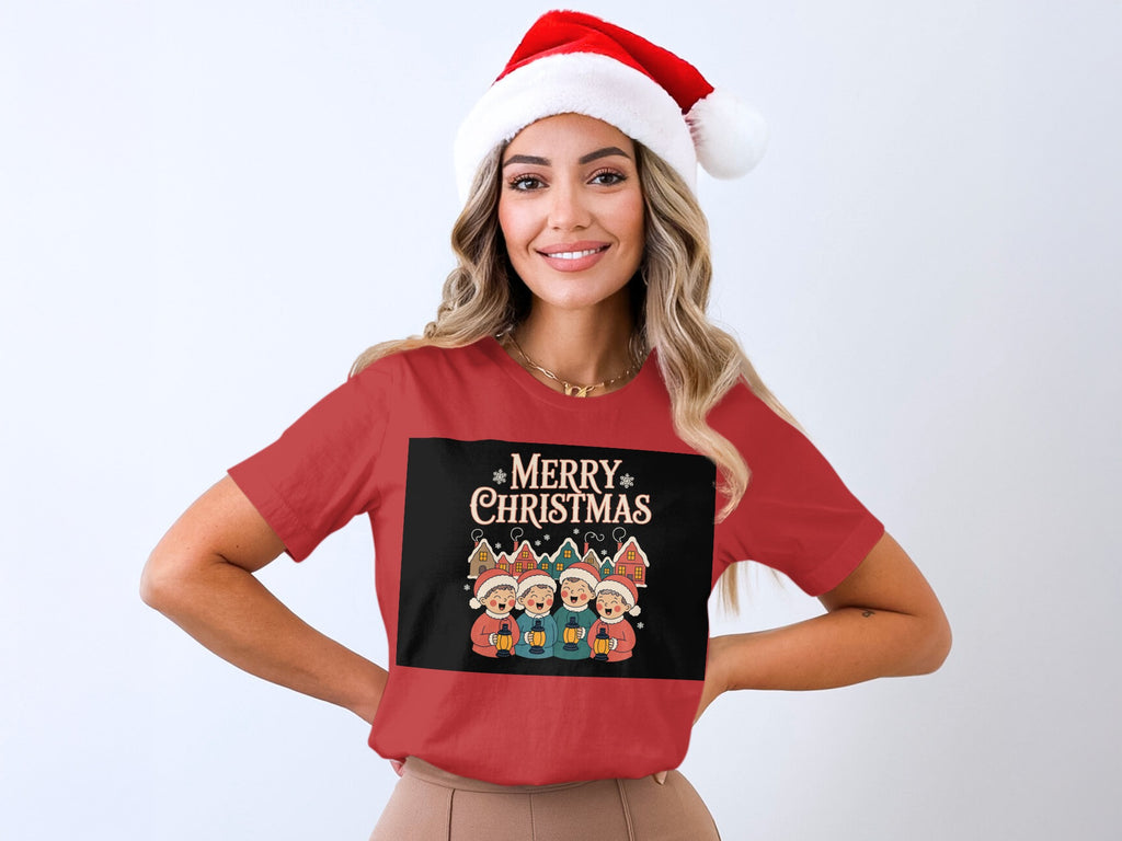 Red t-shirt with "Merry Christmas" and carolers graphic.