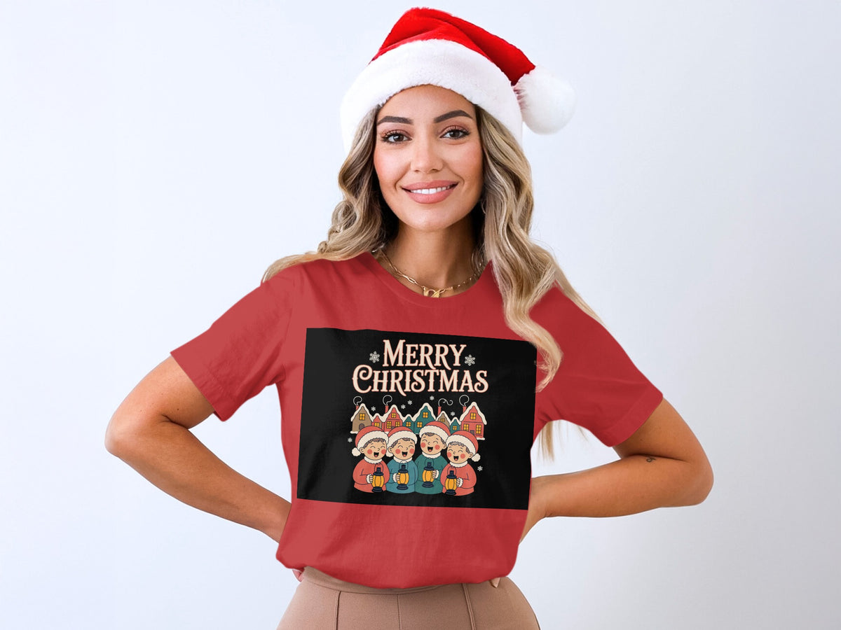 Red t-shirt with "Merry Christmas" and carolers graphic.