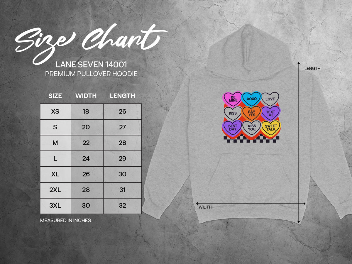 Lane Seven 14001 hoodie size chart with width and length measurements in inches.