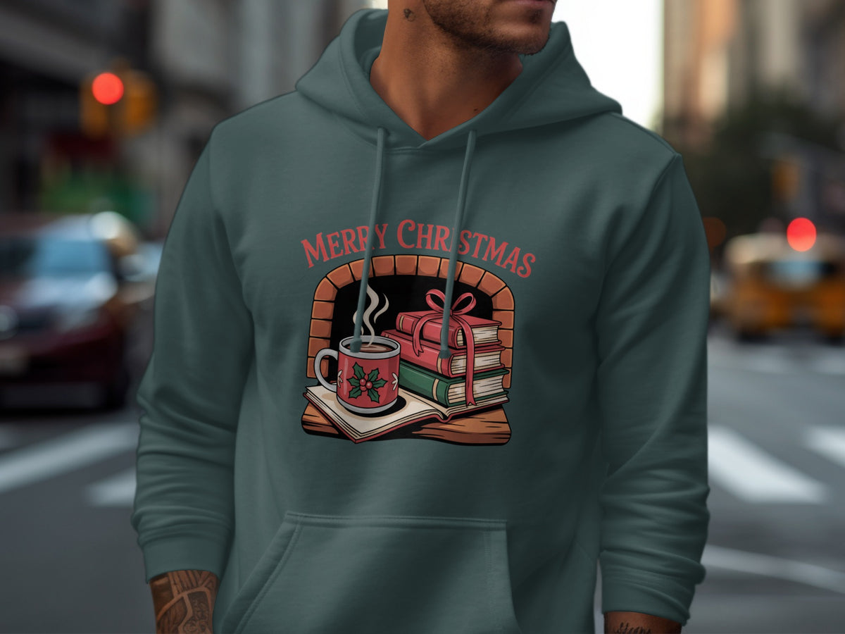 Hoodie with Merry Christmas design featuring a fireplace, books, and hot cocoa.