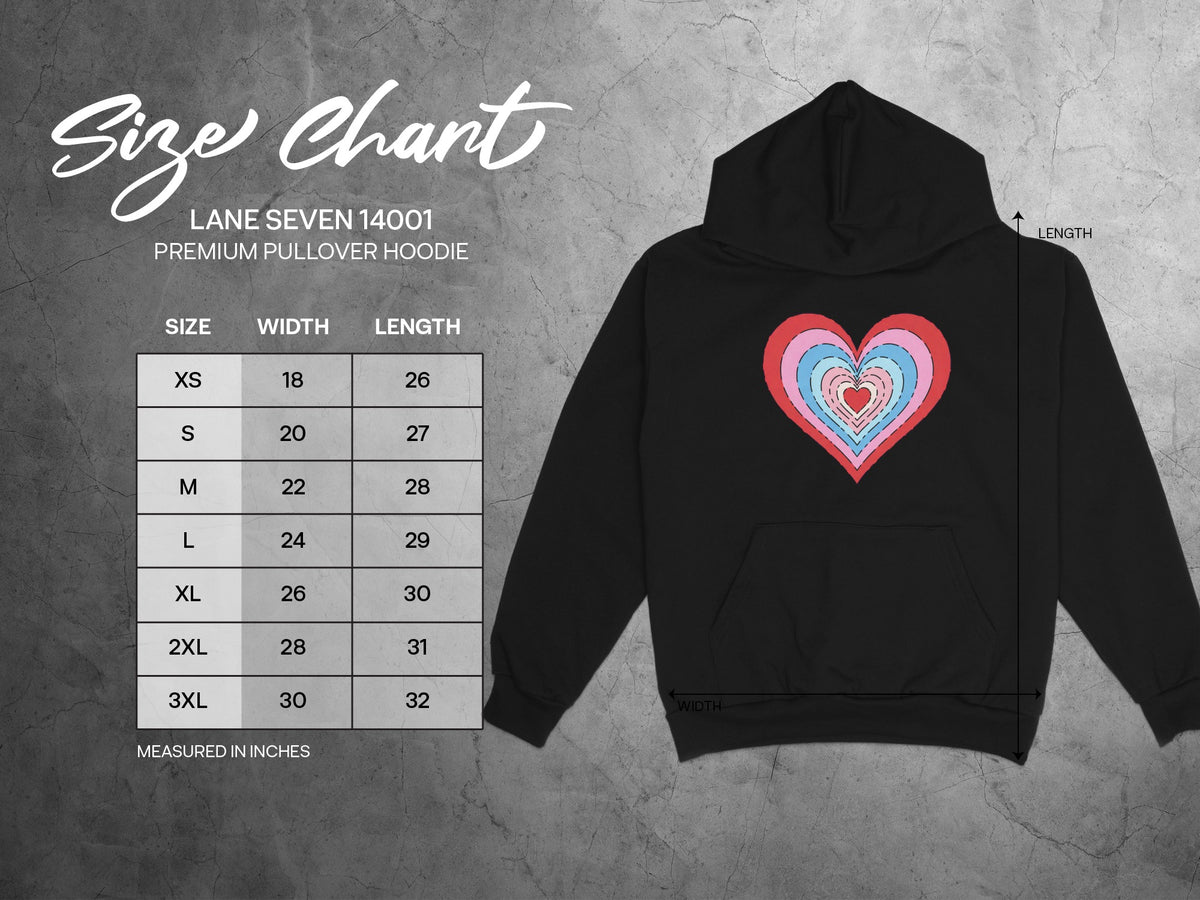 Size chart for Lane Seven 14001 premium pullover hoodie with measurements.