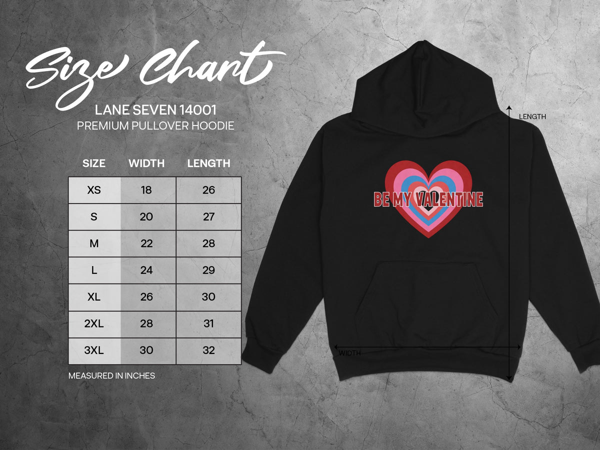 Lane Seven 14001 hoodie size chart with measurements in inches.