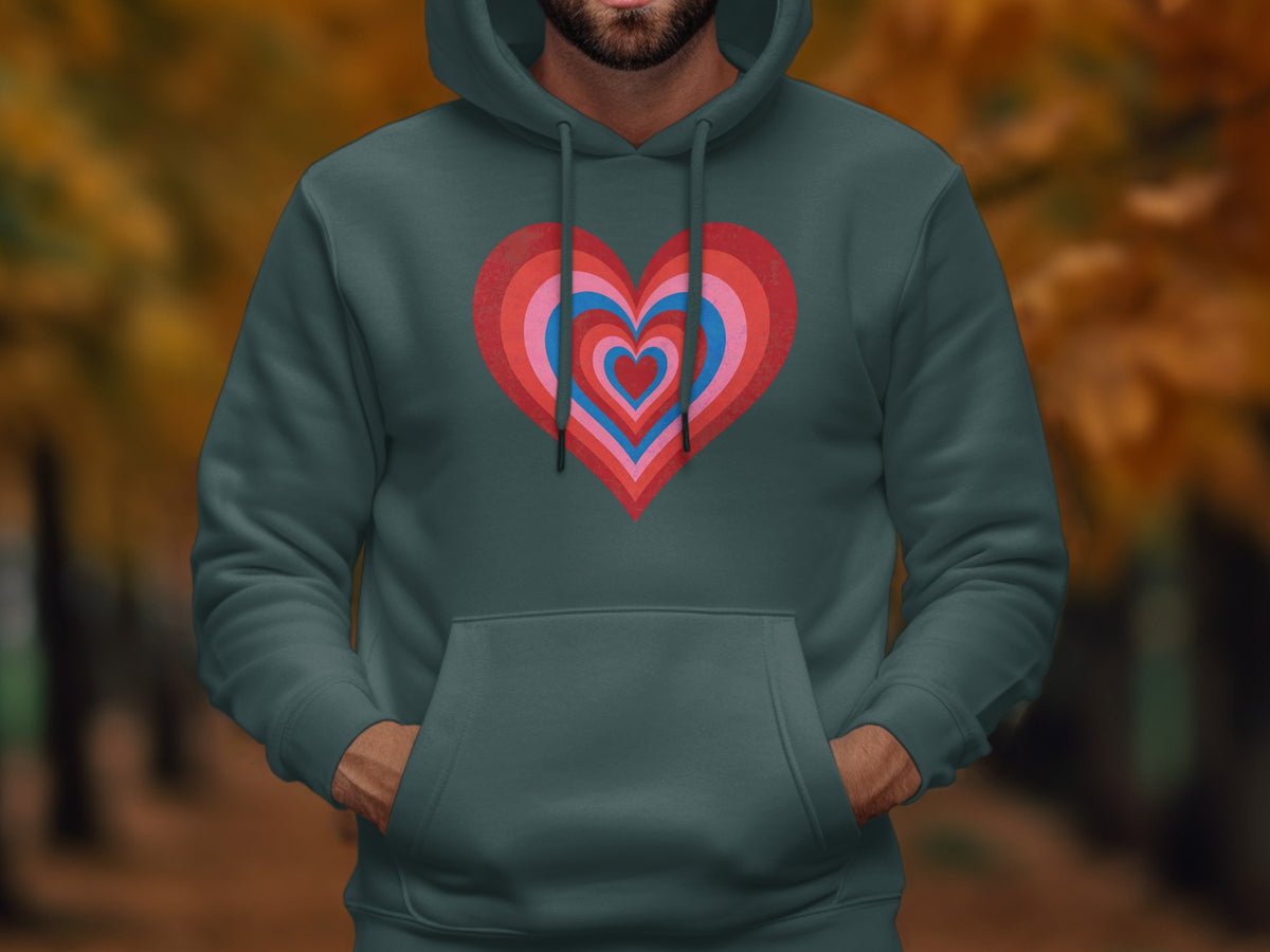 Teal hoodie with a layered red, pink, and blue heart graphic on chest.
