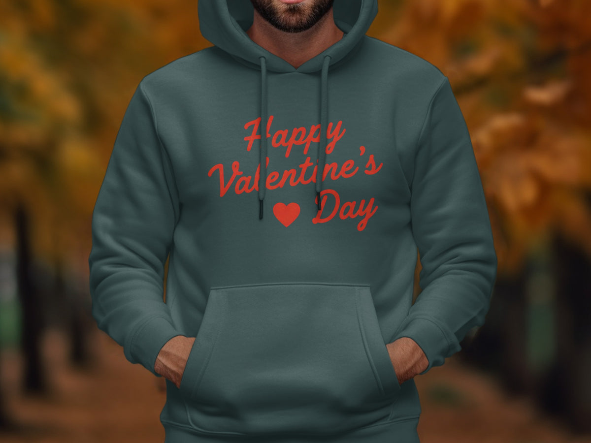 Teal hoodie with red "Happy Valentine's Day" text and heart.