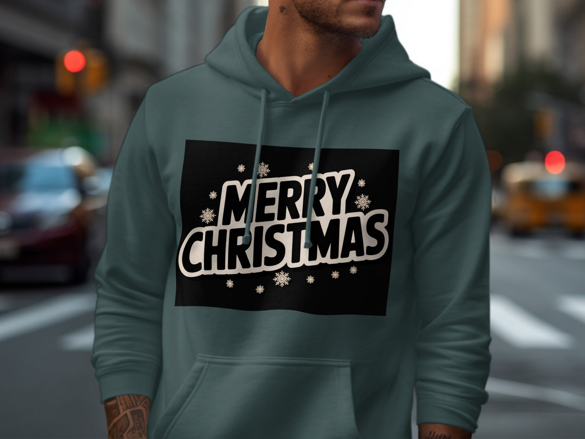 Teal hoodie with "Merry Christmas" text and snowflakes graphic.