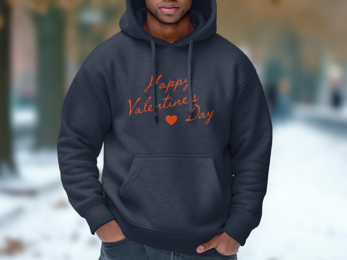 Dark grey hoodie with "Happy Valentine's Day" in orange text.