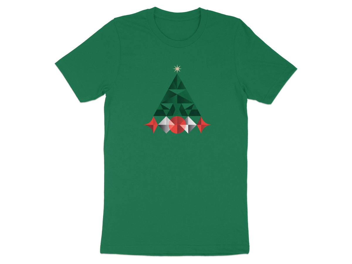 Green t-shirt with geometric Christmas tree and star design.