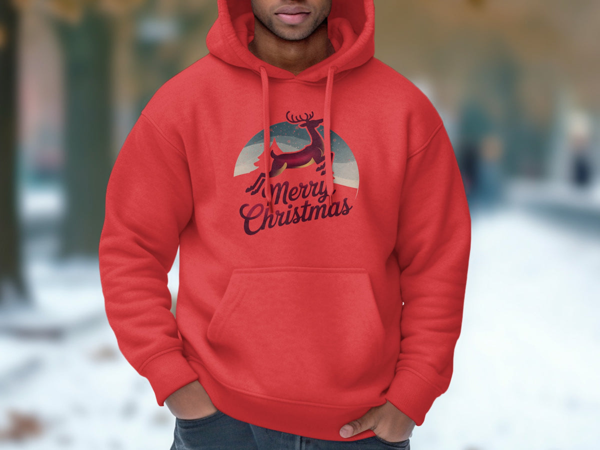 Red hoodie with a leaping reindeer and "Merry Christmas" text graphic.
