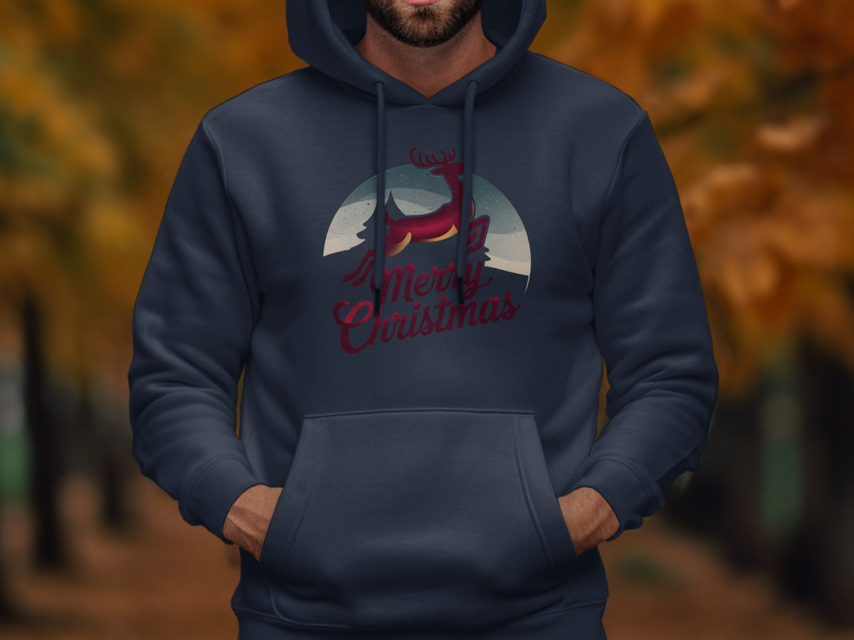 Dark navy hoodie with a Christmas graphic featuring a reindeer and the text "Merry Christmas."