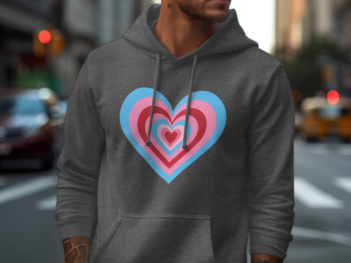 Dark grey hoodie with concentric heart graphic in pink, blue, and red.