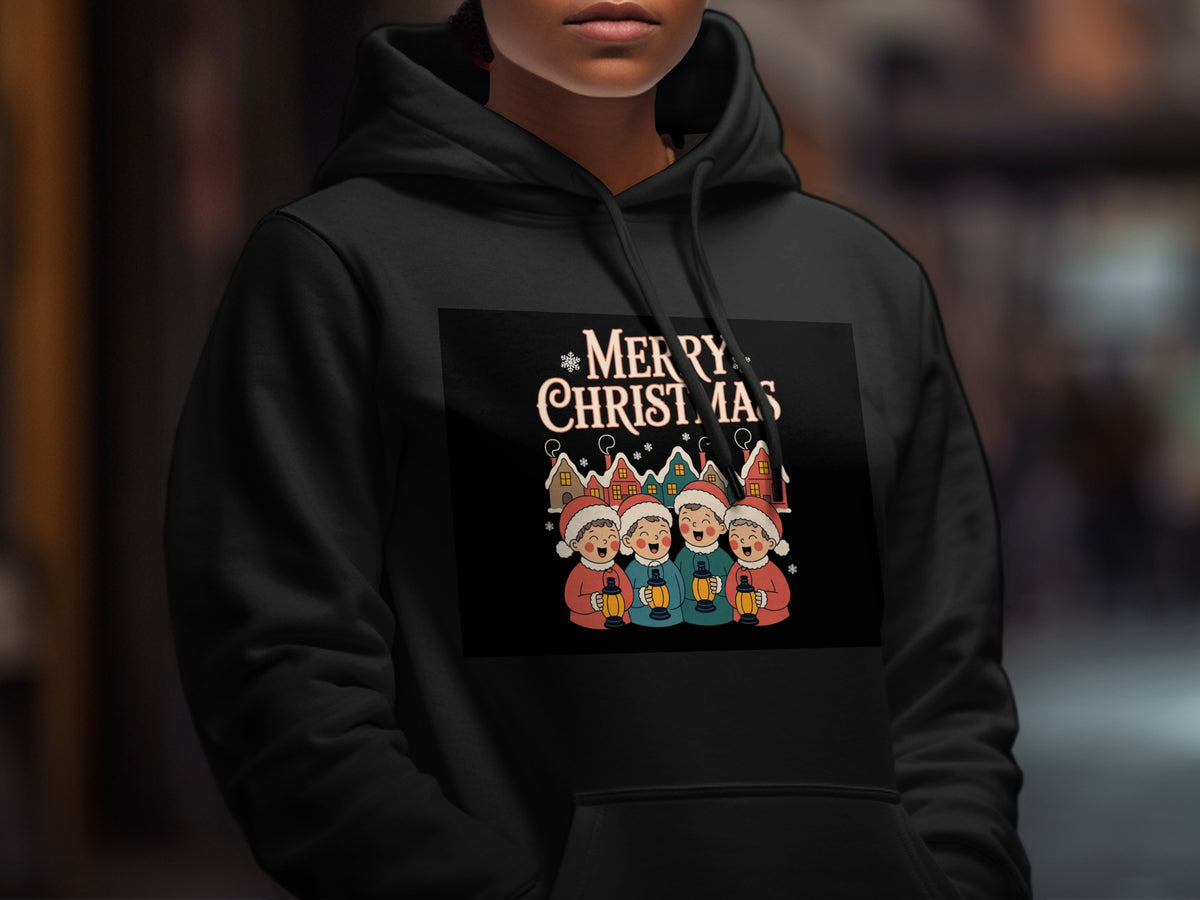 Black hoodie with a "Merry Christmas" graphic featuring carolers and houses.