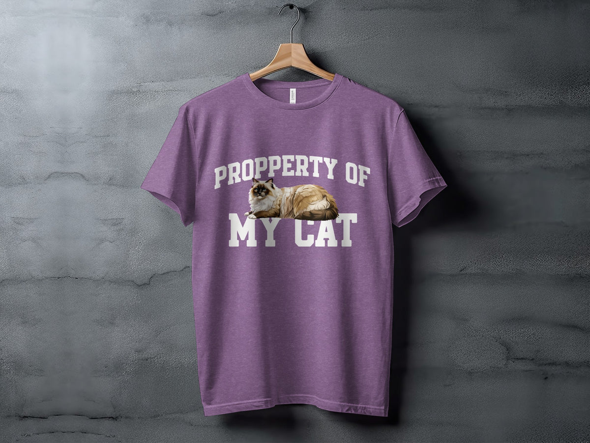 Purple t-shirt with "PROPERTY OF MY CAT" text and a cat graphic.