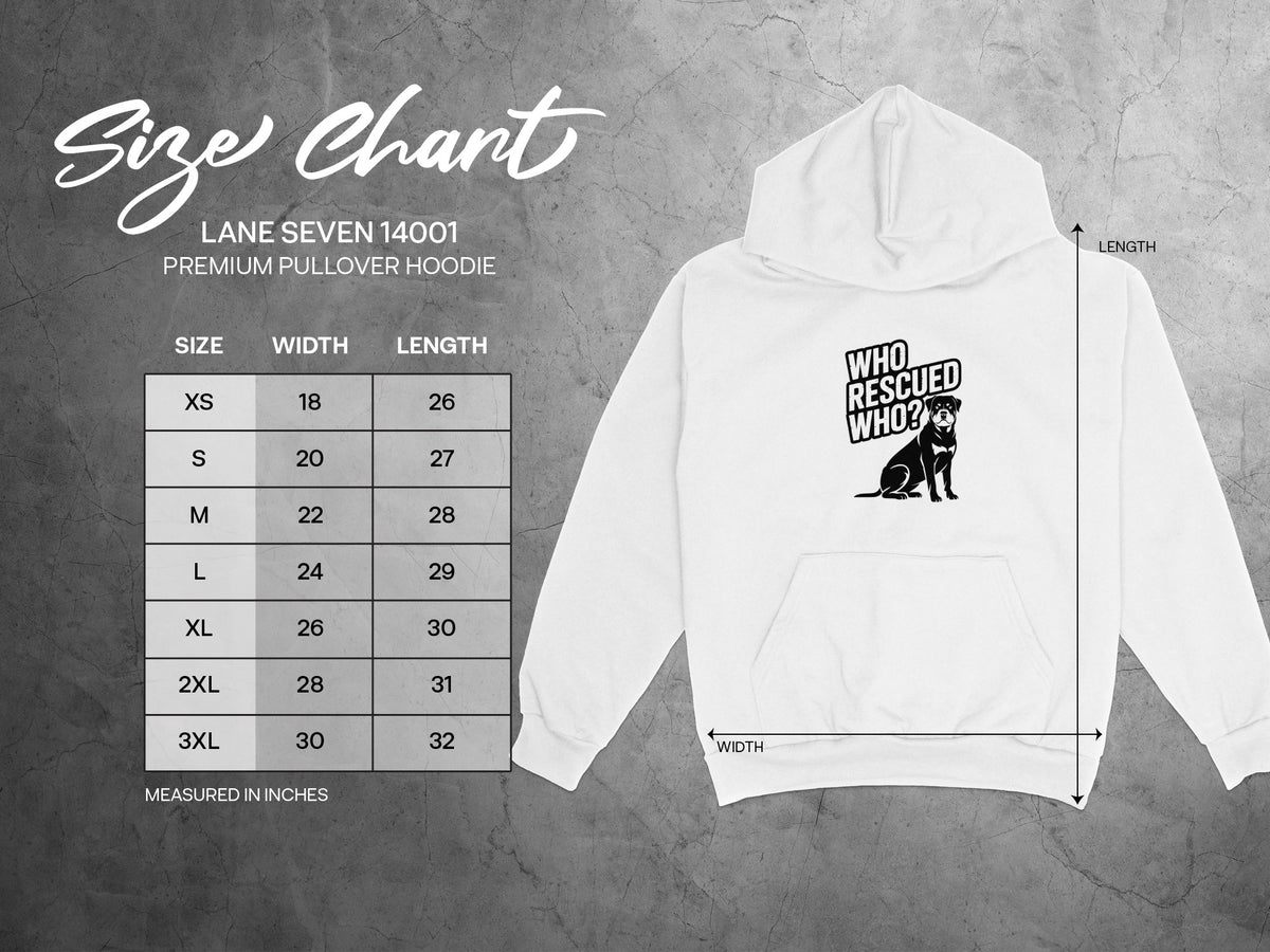 Lane Seven 14001 premium pullover hoodie size chart with width and length measurements.